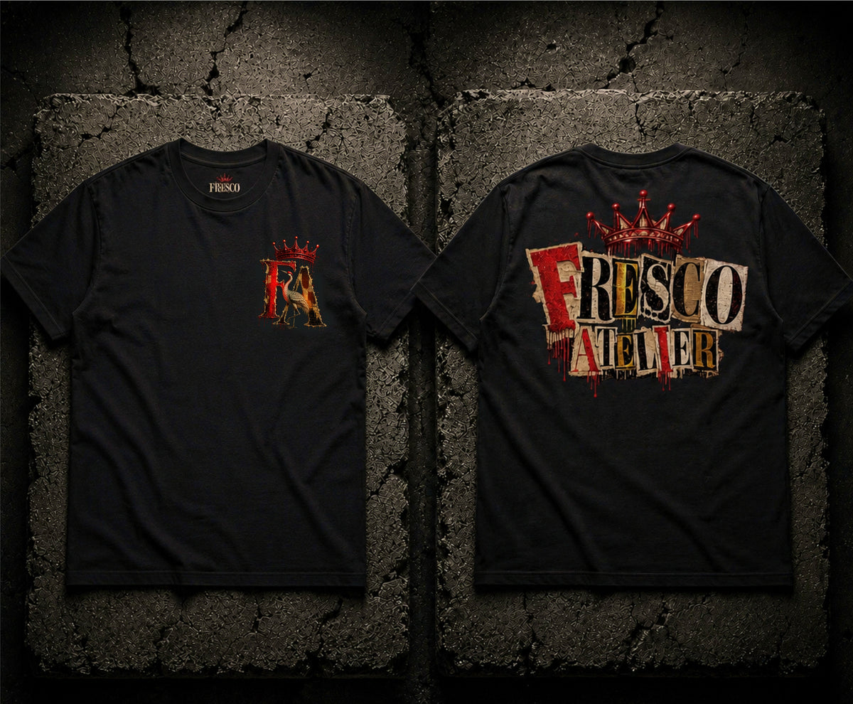 Archive T — Fresco Atelier front and back graphic tee, black heavyweight cotton with FA crown crest and distressed Fresco Atelier lettering