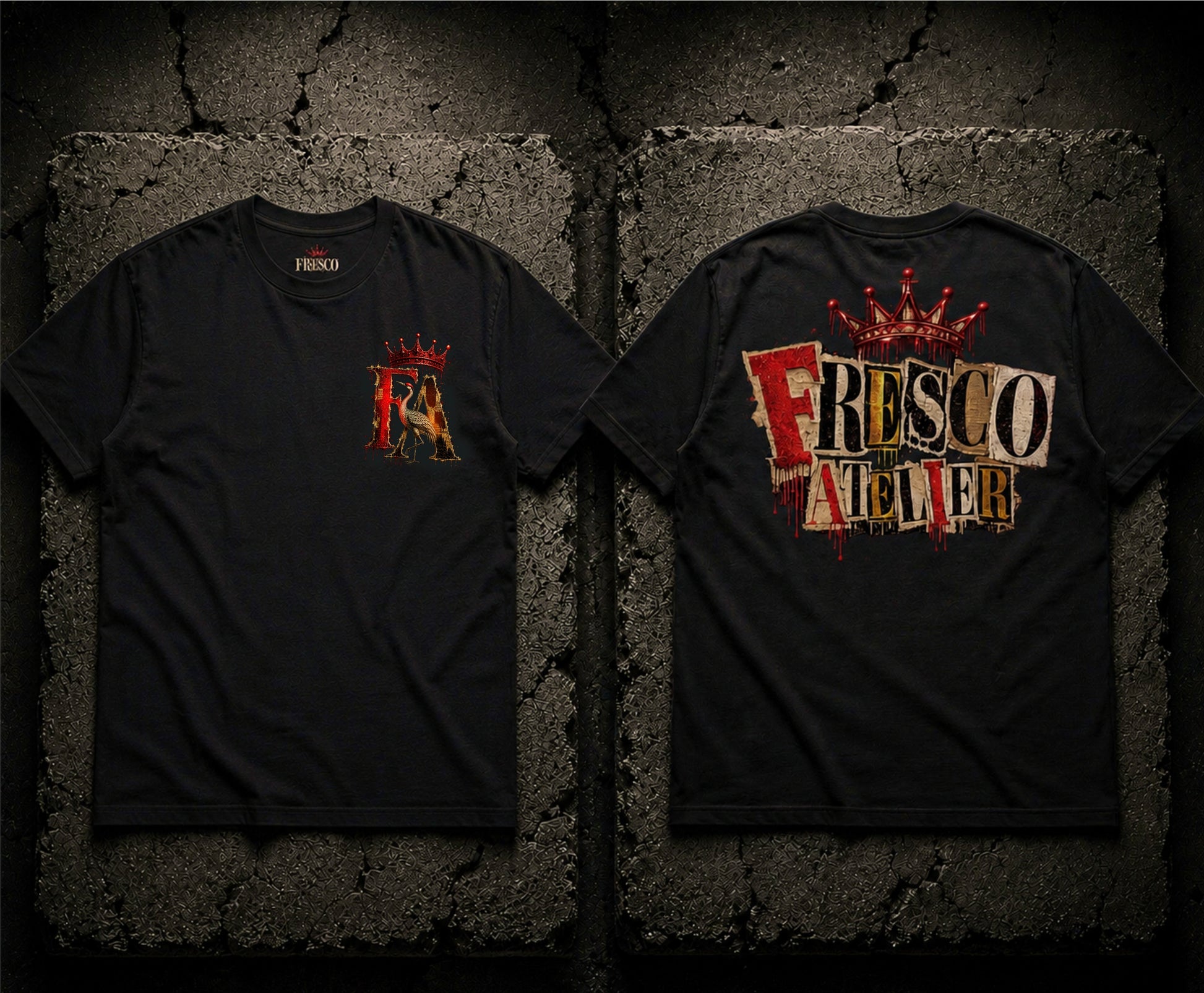Archive T — Fresco Atelier front and back graphic tee, black heavyweight cotton with FA crown crest and distressed Fresco Atelier lettering